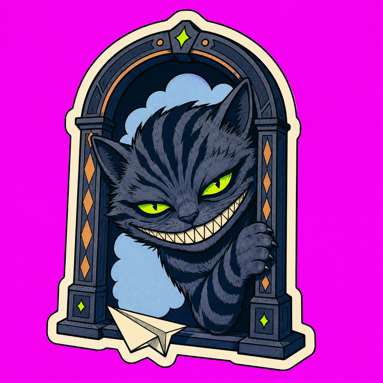 A blue-grey cartoon Cheshire cat with lime eyes and a wide grin peeks through a magical door. White paper edges follow the illustration.