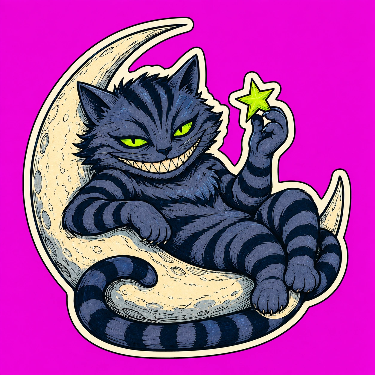 A mischievous blue-grey cartoon cat lounges on a crescent moon, holding a lime star, inside a cream die-cut sticker outline.
